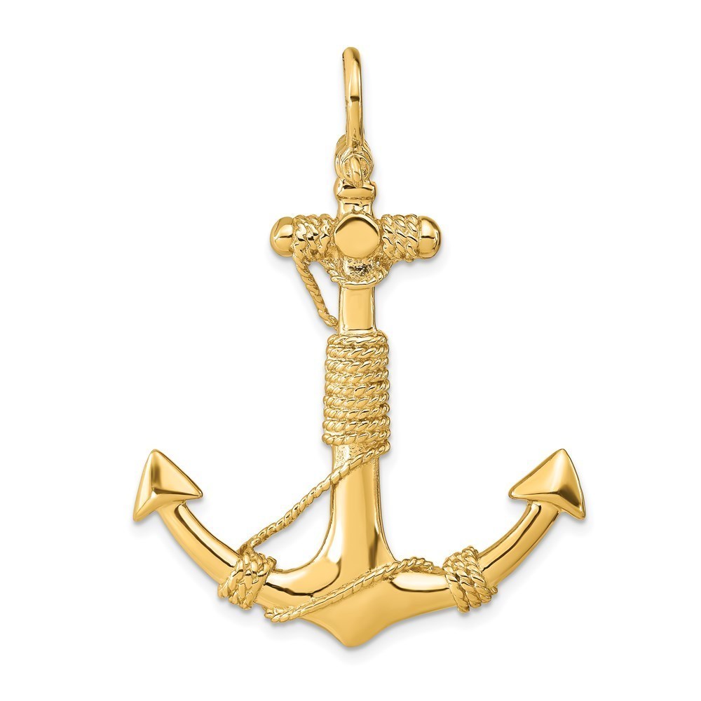 14k Yellow Gold Nautical 3-D Solid Anchor with Rope Necklace Pendant Unisex